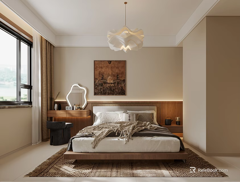 Modern Bedroom Interior With Wooden Bed Decorative Painting Chandelier Window Curtains And Area Rug 3d model 
