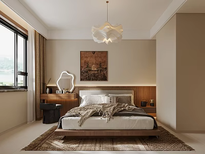 Modern Bedroom Interior With Wooden Bed Decorative Painting Chandelier Window Curtains And Area Rug 3d model