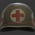 Two Old Military Green Helmets Featuring Red Cross Symbols On Surface 3d model