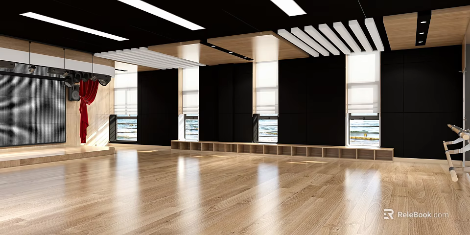 Modern Gym Interior With Spacious Wooden Flooring Large Windows Red Curtains And Slatted Ceiling 3d model 