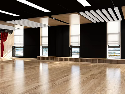 Modern Gym Interior With Spacious Wooden Flooring Large Windows Red Curtains And Slatted Ceiling 3d model
