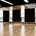 Modern Gym Interior With Spacious Wooden Flooring Large Windows Red Curtains And Slatted Ceiling