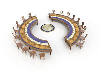 Curved Tables With Wooden Finish And Chairs Arranged Around Decorative Circular Centerpiece 3d model