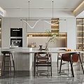 Modern Kitchen Interior Design With Island Counter Cabinets Pendant Lights And Green Plant