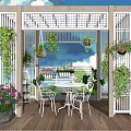 Garden Landscape Featuring Pergola Wooden Deck White Table Chairs And Flowering Vines