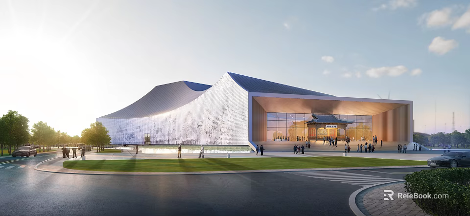 Modern Museum Building With Wavy Roof Decorative Wall Glass Curtain Wall Plaza And Lawn 3d model 