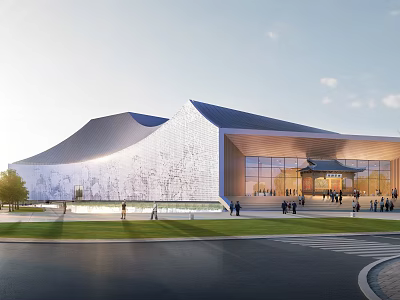 Modern Museum Building With Wavy Roof Decorative Wall Glass Curtain Wall Plaza And Lawn 3d model