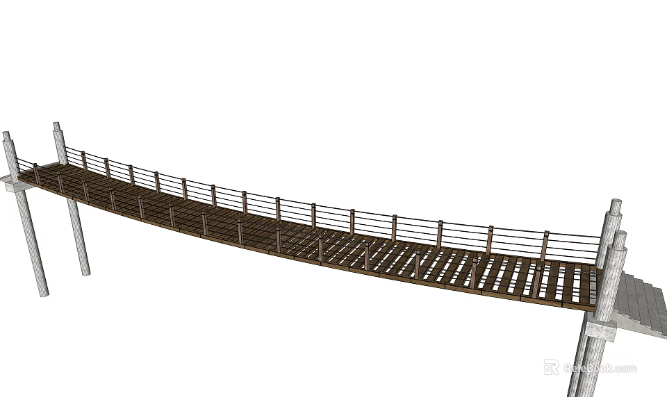 Curved Wooden Pedestrian Bridge Featuring Railings Wooden Deck And Support Pillars 3d model 