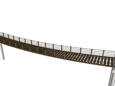 Curved Wooden Pedestrian Bridge Featuring Railings Wooden Deck And Support Pillars 3d model