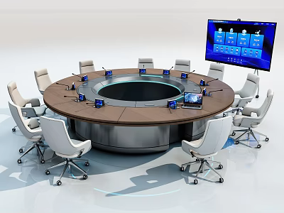 Round Conference Table With White Office Chairs Laptops And Large Digital Screen 3d model