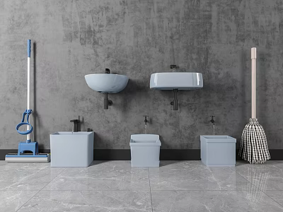 Bathroom Cleaning Space With Gray Wall Mounted Sinks White Cabinets Mop And Broom 3d model