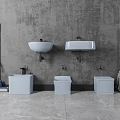 Bathroom Cleaning Space With Gray Wall Mounted Sinks White Cabinets Mop And Broom