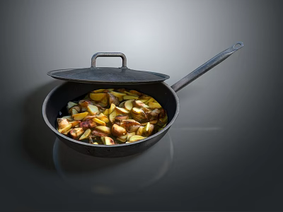 Golden Brown Crispy Fried Potatoes Cooking In Open Lid Frying Pan 3d model