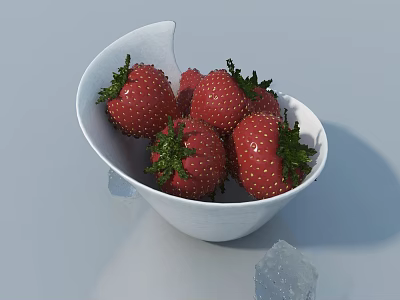 Fresh Ripe Strawberries in White Bowl with Green Leaves and Ice Cubes 3d model