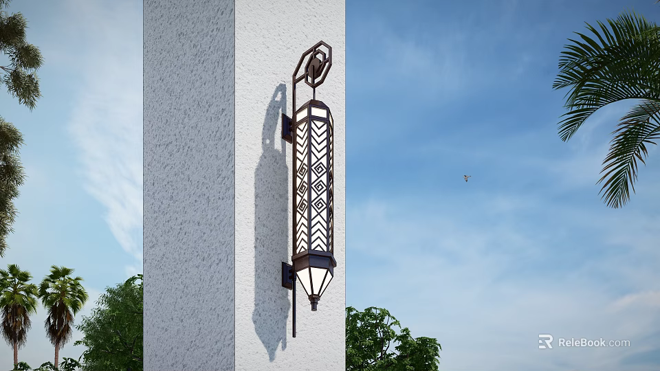 Elegant Wall Lamp With Intricate Lattice Design Mounted On White Textured Pillar Against Blue Sky 3d model 