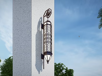 Elegant Wall Lamp With Intricate Lattice Design Mounted On White Textured Pillar Against Blue Sky 3d model