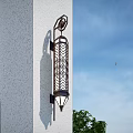 Elegant Wall Lamp With Intricate Lattice Design Mounted On White Textured Pillar Against Blue Sky