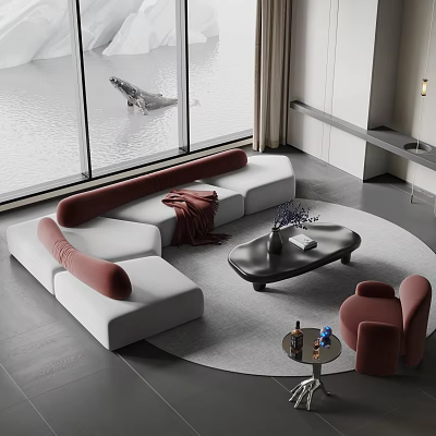 Modern Sofa And Coffee Table Set With White Red Upholstery Black Table And Cozy Blanket 3d model