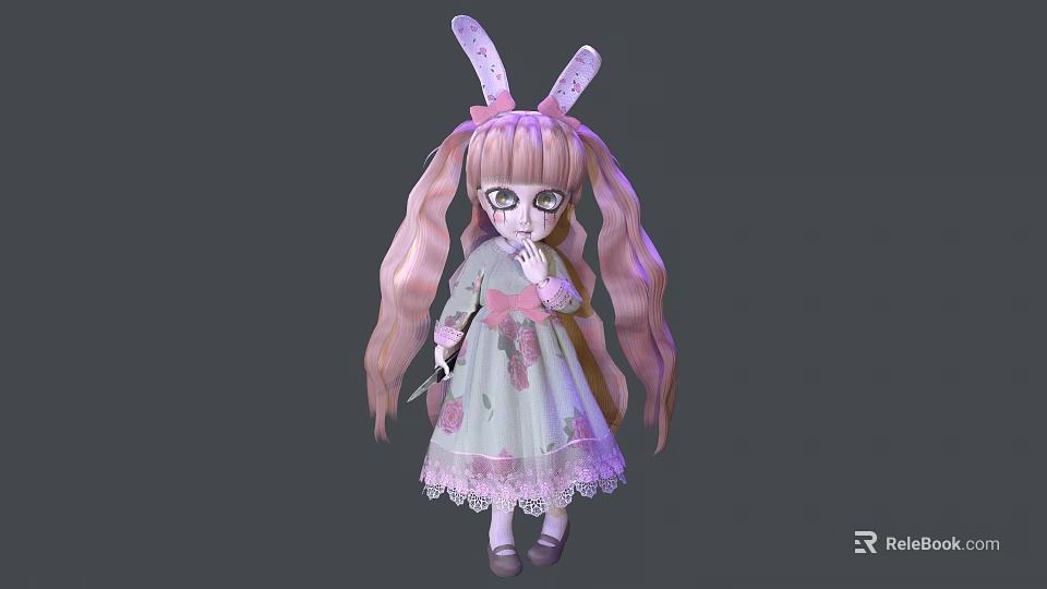 Cute Woman With Pink Long Hair Bunny Ears And Lace Dress In Cartoon Style 3d model 