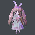 Cute Woman With Pink Long Hair Bunny Ears And Lace Dress In Cartoon Style