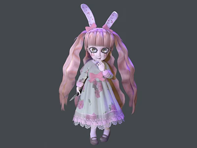 Cute Woman With Pink Long Hair Bunny Ears And Lace Dress In Cartoon Style 3d model
