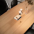 Modern Dining Table Set With Black Gray Chairs Vase Plant On Table Minimalist Wall Lighting