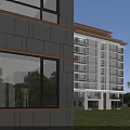 Modern Multi Story Residential Building With Green Lawn Trees And Outdoor Benches