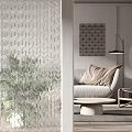 Textured Glass Room Divider For Modern Living Room With Sofa And Floor Lamp