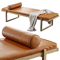Elegant Brown Leather Wooden Bench With Cylindrical Cushion And Gray Blanket