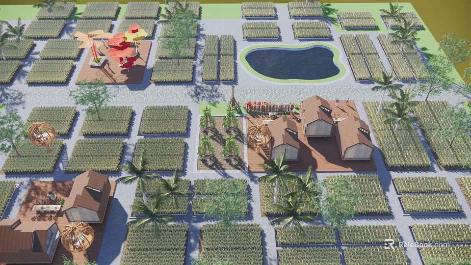 Scenic Organized Campsite With Pond Playground Cabins Palm Trees And Green Areas 3d model 