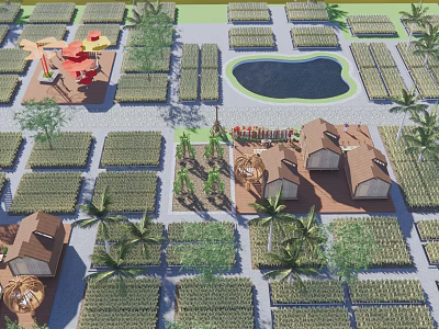 Scenic Organized Campsite With Pond Playground Cabins Palm Trees And Green Areas 3d model