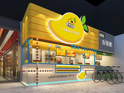 Vibrant Yellow Mango Themed Mall Shop Offering Fresh Juice Counter and Bicycle 3d model