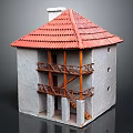Traditional Two Story Building with Red Tiled Roof Gray Walls and Wooden Balconies