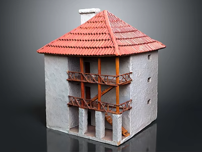 Traditional Two Story Building with Red Tiled Roof Gray Walls and Wooden Balconies 3d model