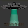 Disc Shaped Metallic UFO With Green Light Beam Hovering Above Trees