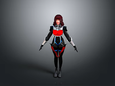 3D Sci Fi Female Character With Red Hair And Red Black Blue White Combat Costume Design 3d model
