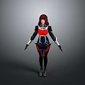3D Sci Fi Female Character With Red Hair And Red Black Blue White Combat Costume Design