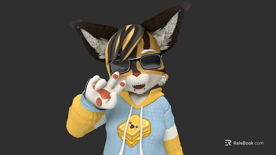Cartoon Cat In Sunglasses With Hoodie Cookie Design Yellow Sleeves White Paws 3d model 