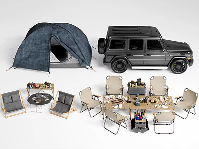 Outdoor Camping Table And Chair Set With Tent And SUV For Outdoor Activities 3d model