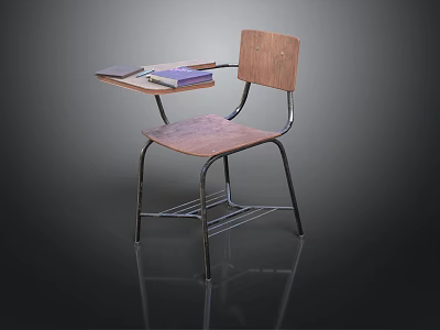 Wooden Student Desk Chair With Metal Frame And Books On Table 3d model