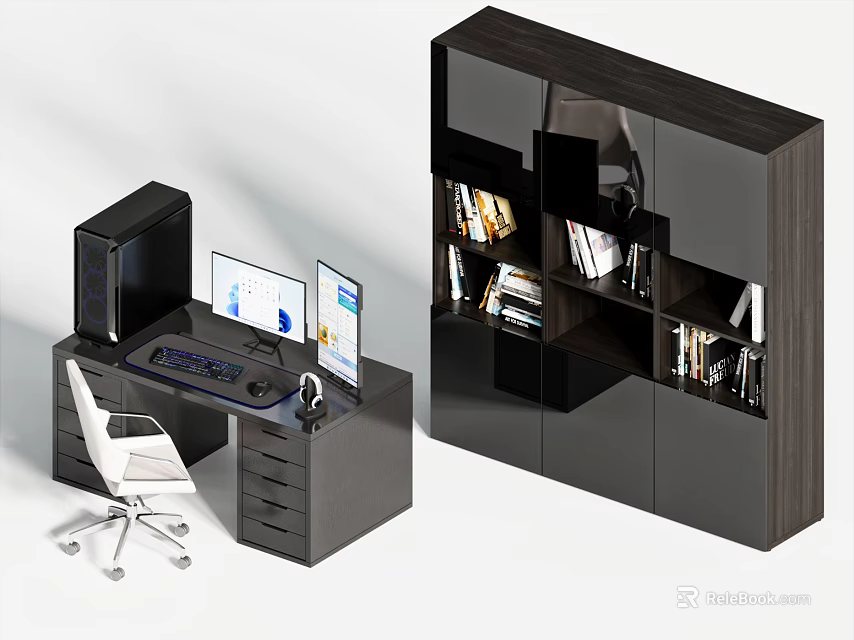 Modern Home Office Desk Setup With Dual Monitors Office Chair And Bookshelf 3d model 