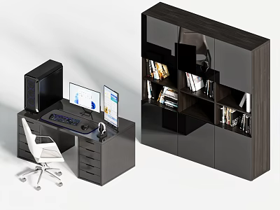 Modern Home Office Desk Setup With Dual Monitors Office Chair And Bookshelf 3d model