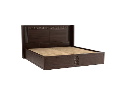 Dark Wood Double Bed With Intricate Carved Headboard And Sturdy Frame 3d model