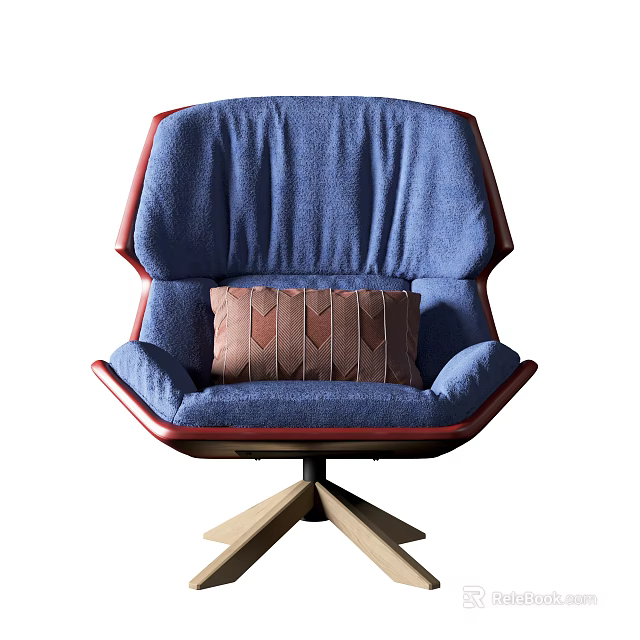 Modern Blue Lounge Chair With Red Trim And Brown Diamond Patterned Pillow On Wooden Base 3d model 
