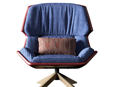 Modern Blue Lounge Chair With Red Trim And Brown Diamond Patterned Pillow On Wooden Base 3d model