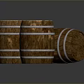 Two Wooden Barrels With Metal Hoops On Dark Reflective Background