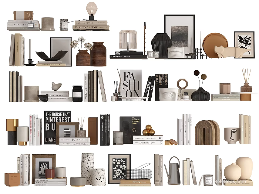 Stylish Decorative Ornament Set With Books Vases Frames And Sculptures For Home Decor 3d model 