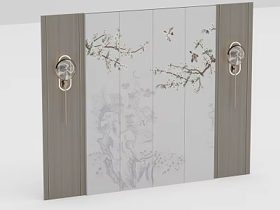 Bedroom Accent Wall With Gray Frame White Panel Hand Painted Plum Branches Birds And Lights 3d model
