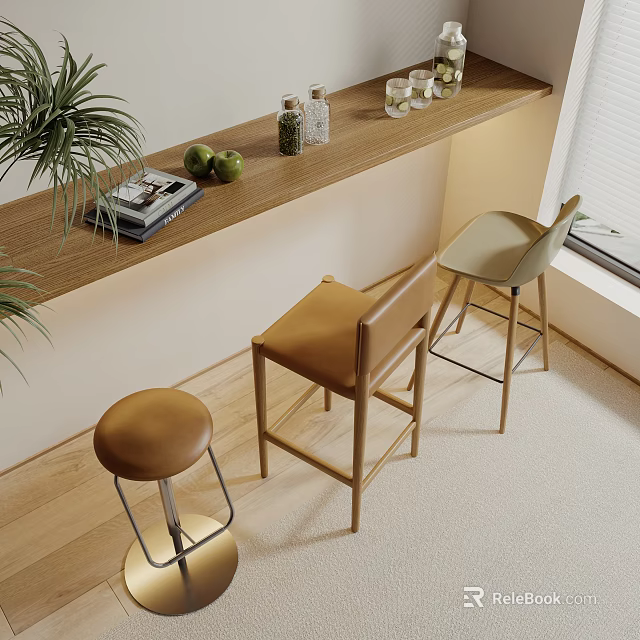 Modern Bar Counter With Plant Books Fruits Glasses Near Window With Brown Green Bar Stools 3d model 
