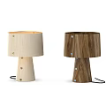 Two Wooden Table Lamps In Different Colors With Natural Wood Grain And Metal Screws